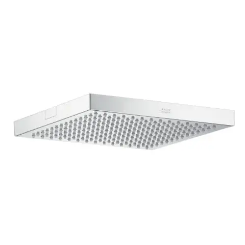 Kopfbrause von AXOR in quadratischer Form, deckenmontiert, mit gleichmäßig angeordneten Wasserstrahlöffnungen. Oberfläche in Chromfarbe.